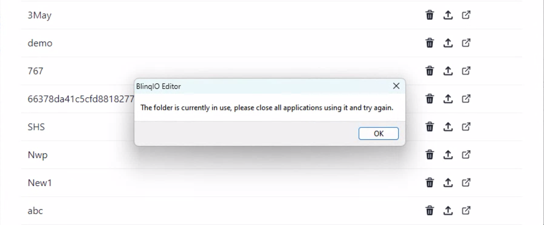 BlinqIO Editor: Folder busy warning during synced project delete